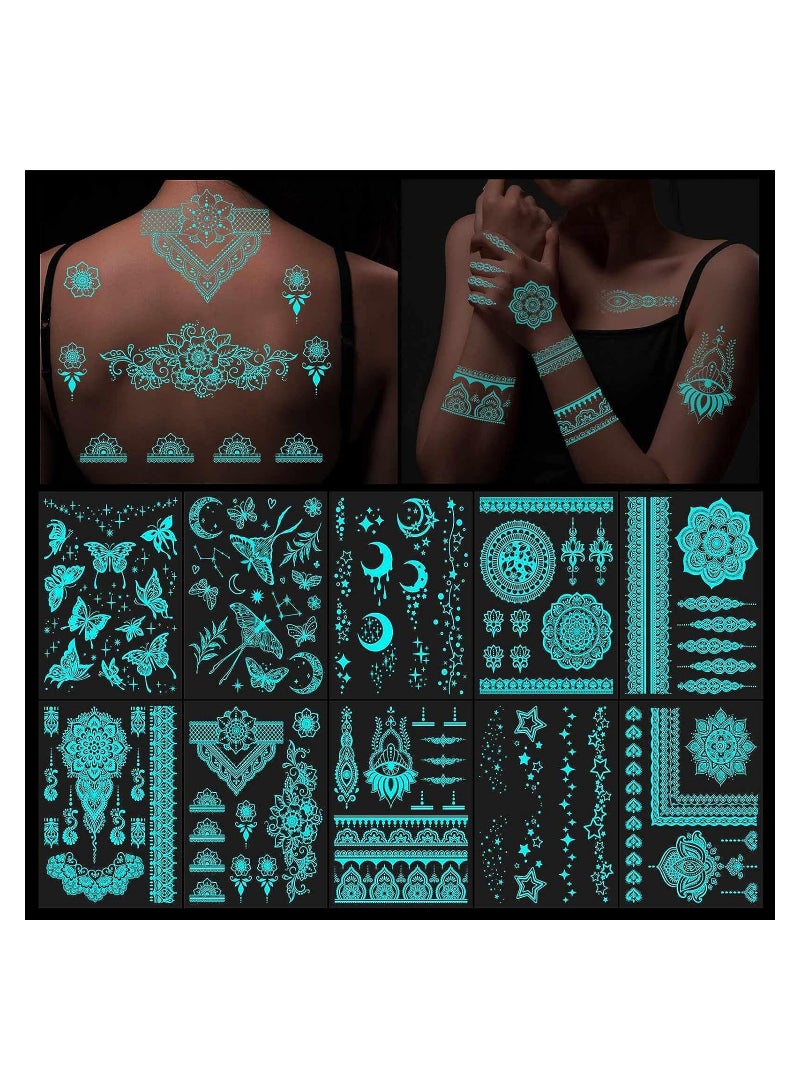 KASTWAVE Luminous Mandala Flower Temporary Tattoo Stickers, Blue Glow Tattoos Sticker in the Dark for Woman Girls Hand Arm Body Art, 10 Sheets Fake Tattoos Neon Body Face Skin Tattoo - Image 1