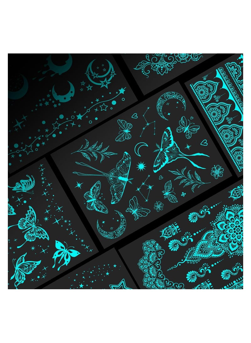KASTWAVE Luminous Mandala Flower Temporary Tattoo Stickers, Blue Glow Tattoos Sticker in the Dark for Woman Girls Hand Arm Body Art, 10 Sheets Fake Tattoos Neon Body Face Skin Tattoo - Image 5
