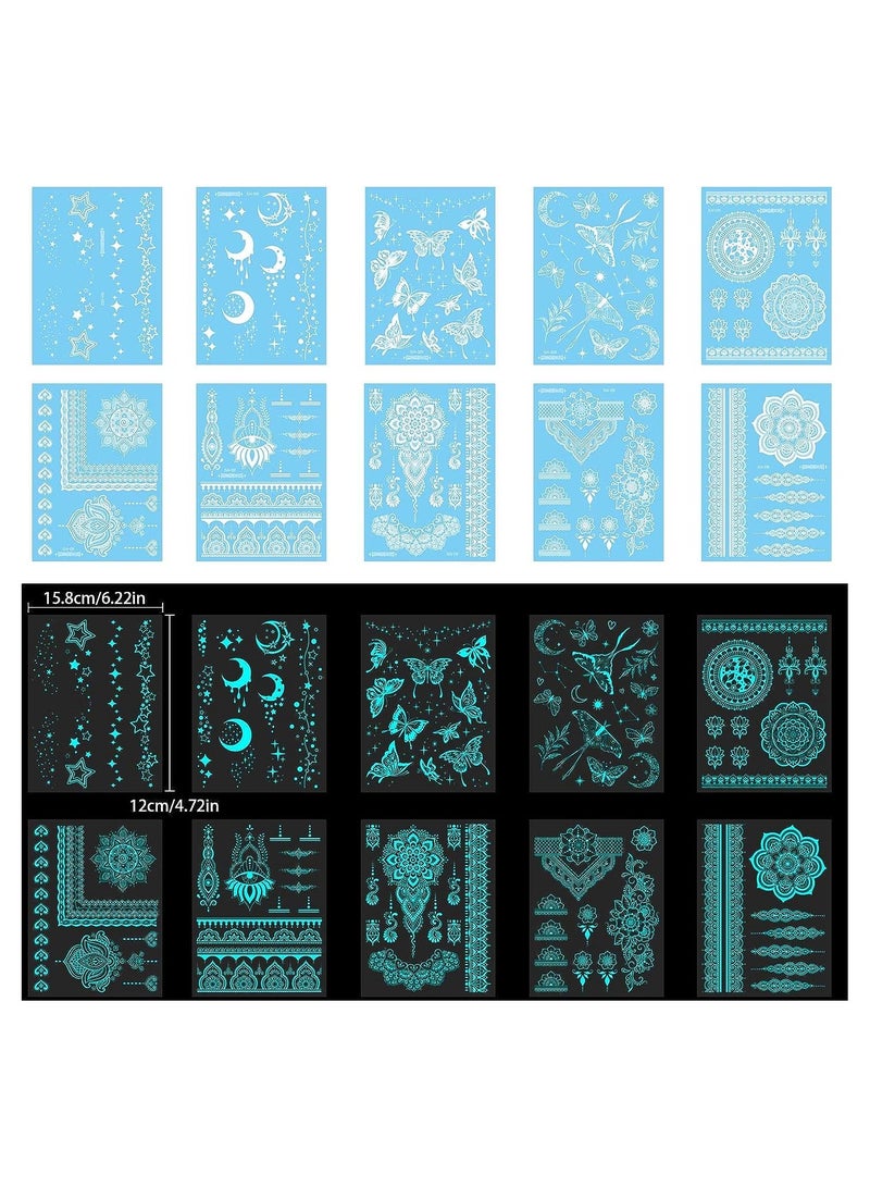 KASTWAVE Luminous Mandala Flower Temporary Tattoo Stickers, Blue Glow Tattoos Sticker in the Dark for Woman Girls Hand Arm Body Art, 10 Sheets Fake Tattoos Neon Body Face Skin Tattoo - Image 2