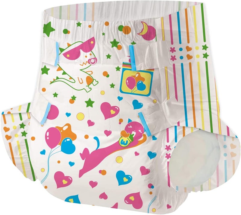 Adult Printed Diapers,Medium-Kitten and Dinosaur, 7 Pieces for Men and Women - Leak Protection Heavy Absorbency Protection Diapers
