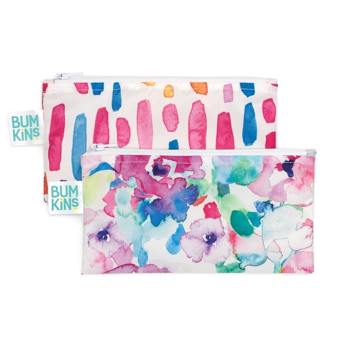 REUSABLE SNACK BAGS FOR KIDS SCHOOL LUNCH AND FOR ADULTS PORTION WASHABLE FABRIC WATERPROOF CLOTH ZIP BAG SUPPLIES TRAVEL POUCH FOODSAFE 2PK WATERCOLORS AND BRUSHSTROKES