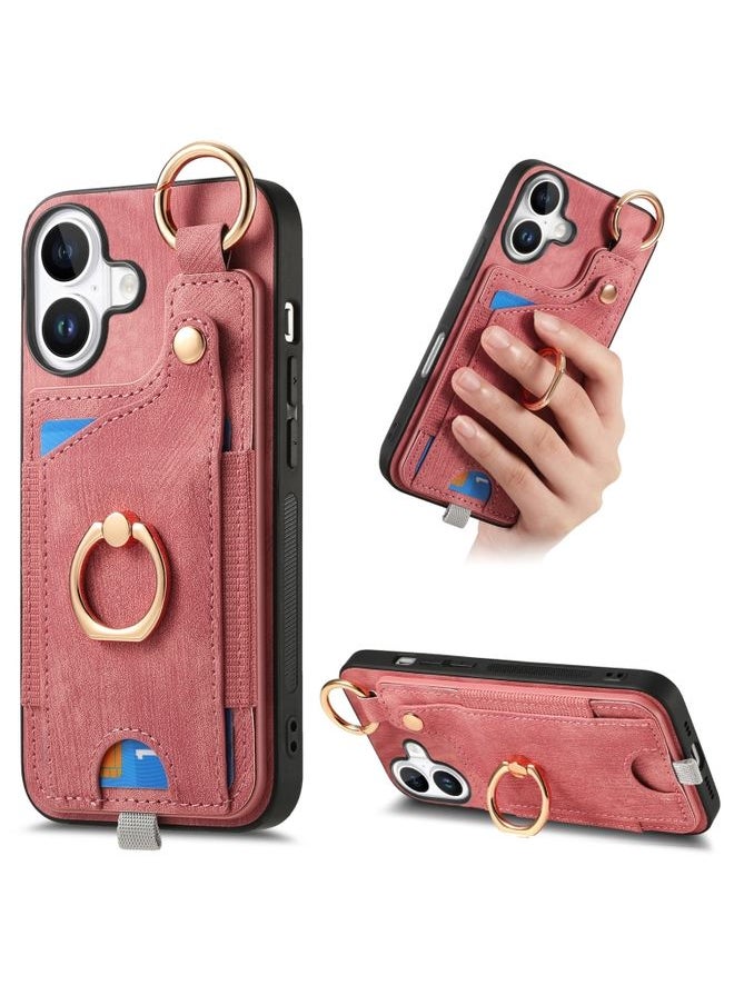 HuHa Case Cover For iPhone 16 Plus Retro Skin-feel Ring Card Bag Phone Case with Hang Loop(Pink) 