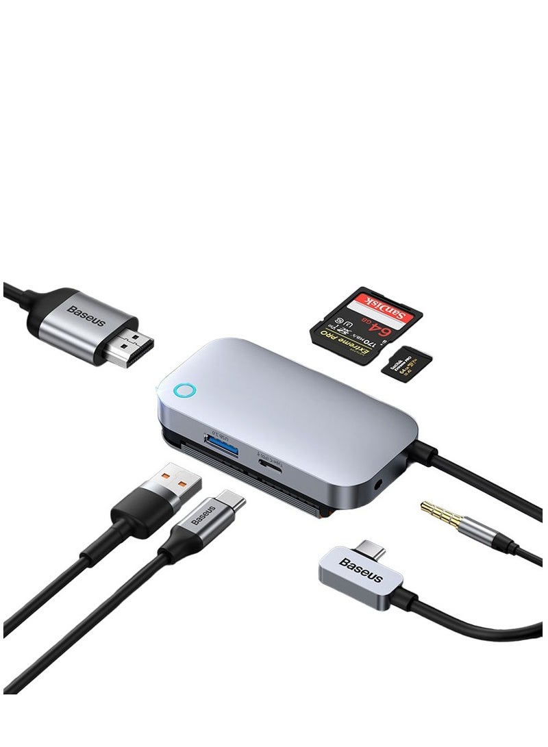 بيسوس محول USB C متعدد المنافذ، موزع USB-C 6 في 1 مع HDMI 4K، PD USB C/USB 3.0، قارئ بطاقات Micro SD/TF، دونجل من الألومنيوم من النوع C بمنفذ 3.5 مم لأجهزة MacBook/XPS/ChromeBook/iPad Pro/Galaxy/الهاتف المحمول/الكمبيوتر المحمول، والمزيد - Image 1