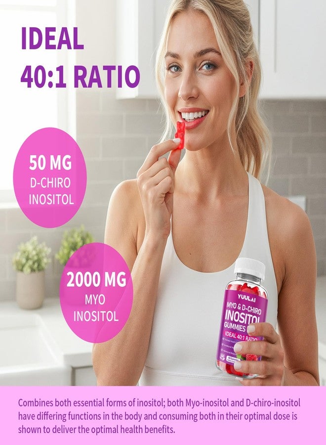 YUULAI Myo-Inositol & D-Chiro Inositol Gummies, 40:1 Ratio Inositol Supplement with Vitamin D3, Magnesium Glycinate, Folate & Zinc, for Female Health & Wellness, Raspberry Flavor, 60 Count - Image 3