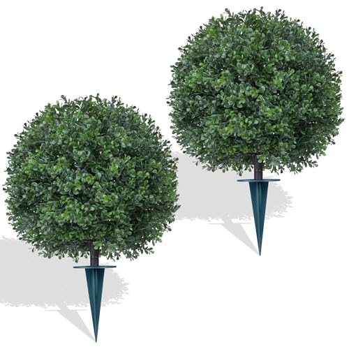 Yangrass 2Pcs Artificial Boxwood Topiary Ball Tree, UV Resistant Artificial Outdoor Shrubs with Spike, Decorative Evergreen Fake Topiary Bushes Plant for Front Porch Garden - Image 1