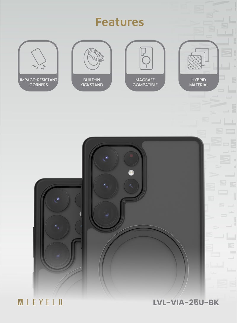 LEVELO S25 Ultra Magsafe Case Via Matte with Ring Stand / Impact-Resistant Corners / Hybrid Material / Built-In 360° Ring Stand - Black - Image 2