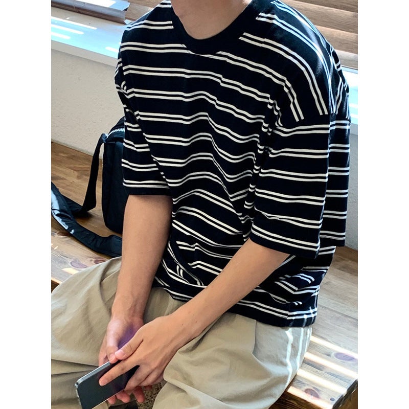 Striped Short-Sleeved Trendy Brand T-Shirt For Men 2025 Summer Round Neck Loose Casual Top Hong Kong Style Retro Versatile T-Shirt - Image 4