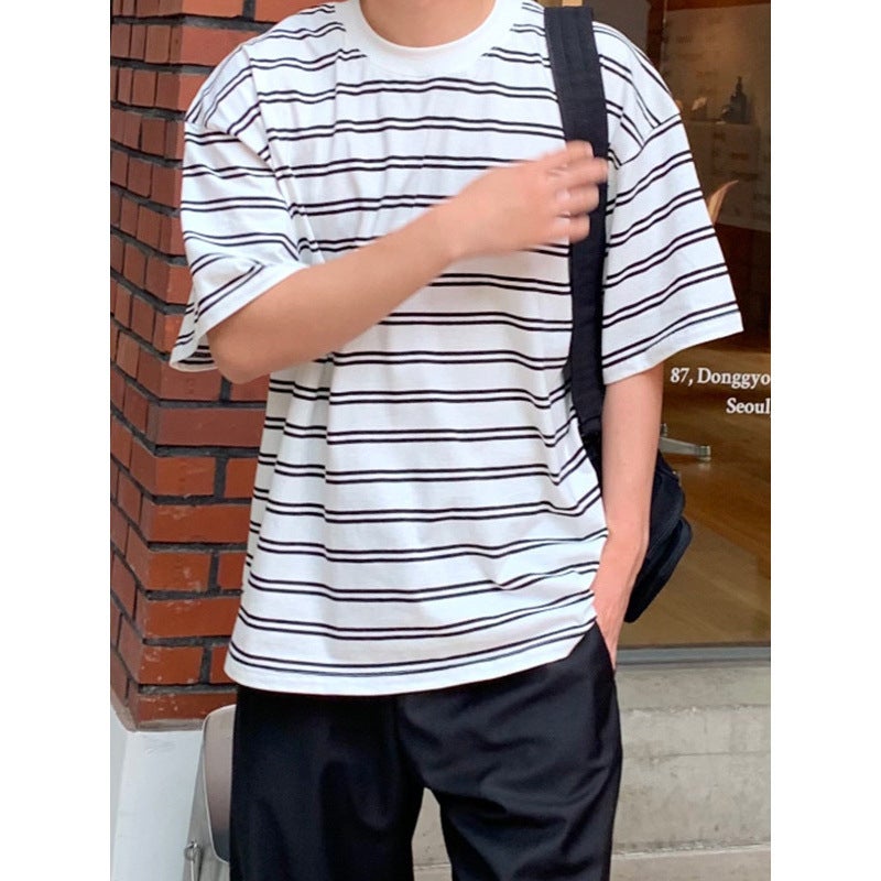 Striped Short-Sleeved Trendy Brand T-Shirt For Men 2025 Summer Round Neck Loose Casual Top Hong Kong Style Retro Versatile T-Shirt - Image 5