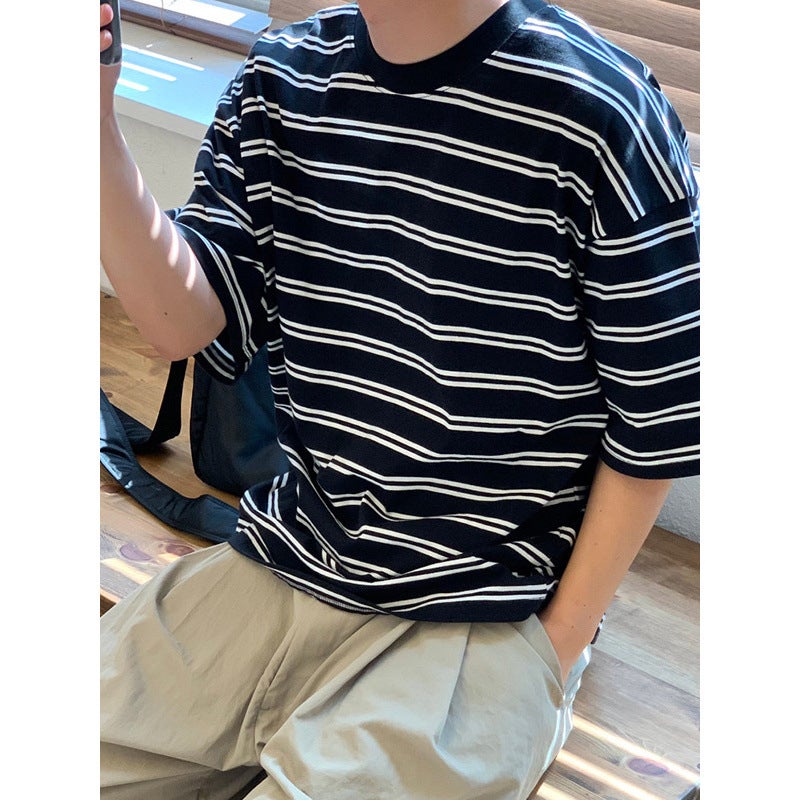 Striped Short-Sleeved Trendy Brand T-Shirt For Men 2025 Summer Round Neck Loose Casual Top Hong Kong Style Retro Versatile T-Shirt - Image 3