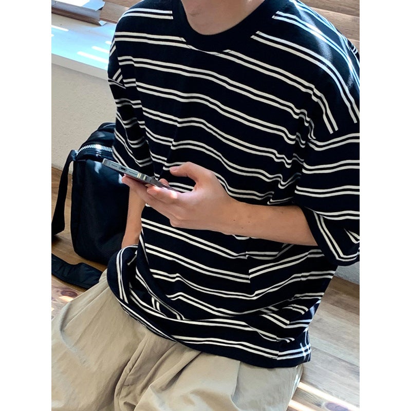 Striped Short-Sleeved Trendy Brand T-Shirt For Men 2025 Summer Round Neck Loose Casual Top Hong Kong Style Retro Versatile T-Shirt - Image 2