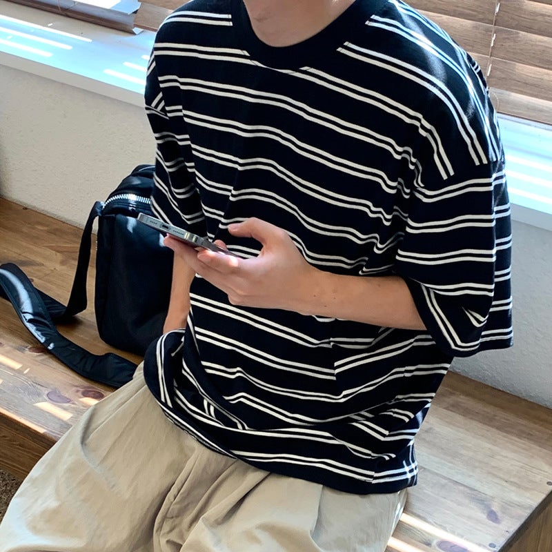 Striped Short-Sleeved Trendy Brand T-Shirt For Men 2025 Summer Round Neck Loose Casual Top Hong Kong Style Retro Versatile T-Shirt - Image 1