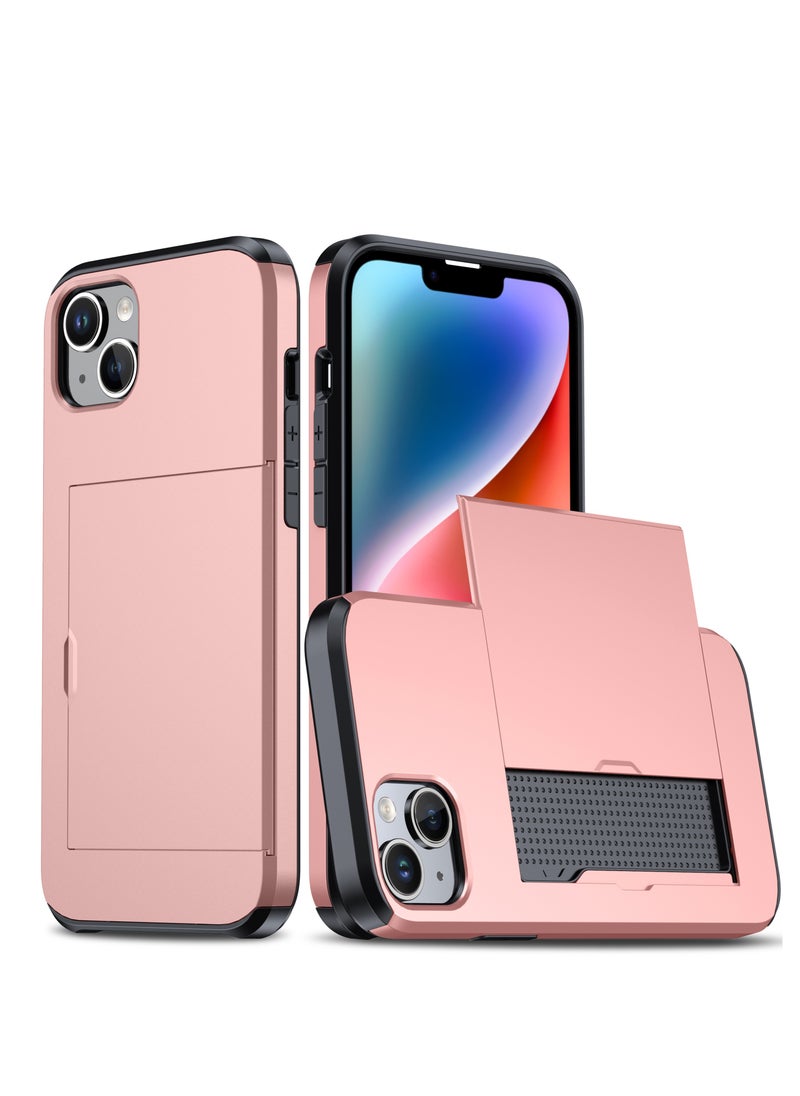 GULFLINK iPhone 15 Case with Card Holder Heavy Duty Protective Dual Layer Shockproof Hidden Card Slot Wallet Case Rose Gold  - Image 1