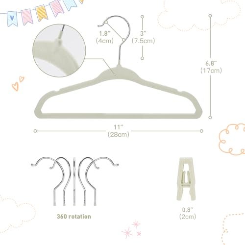Babyrish Velvet Baby Hangers with Clips (30 Pack) | 11” Ultra-Slim Baby Clothes Hangers | Non-Slip Felt | Space-Saving Nursery & Infant Closet Organizer | Beige - Image 3