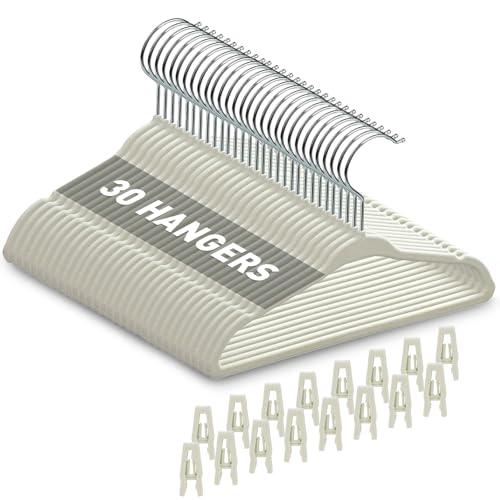 Babyrish Velvet Baby Hangers with Clips (30 Pack) | 11” Ultra-Slim Baby Clothes Hangers | Non-Slip Felt | Space-Saving Nursery & Infant Closet Organizer | Beige - Image 1