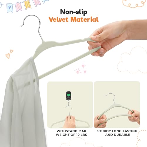 Babyrish Velvet Baby Hangers with Clips (30 Pack) | 11” Ultra-Slim Baby Clothes Hangers | Non-Slip Felt | Space-Saving Nursery & Infant Closet Organizer | Beige - Image 5