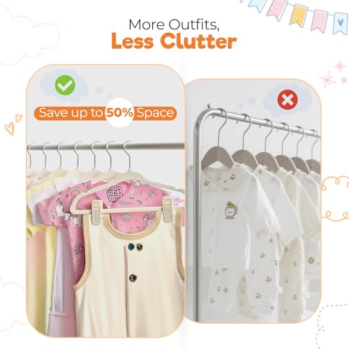 Babyrish Velvet Baby Hangers with Clips (30 Pack) | 11” Ultra-Slim Baby Clothes Hangers | Non-Slip Felt | Space-Saving Nursery & Infant Closet Organizer | Beige - Image 2