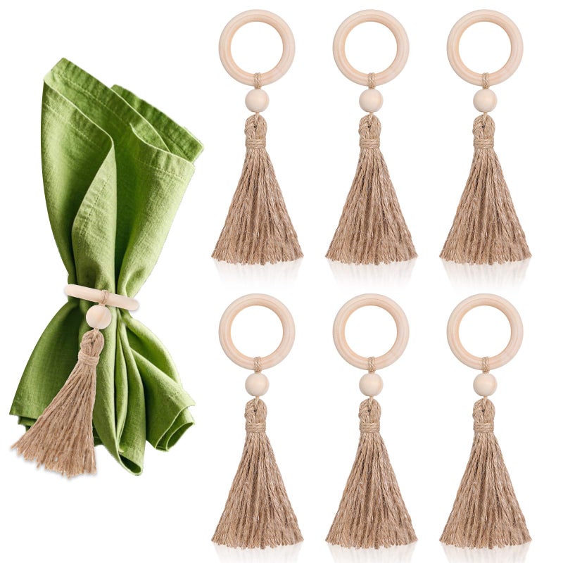 6Pcs Wooden Bead Napkin Rings, Boho Napkins Ring Holders with Tassel for Table Decor, Wedding, Dinner Party, Spring Banquet