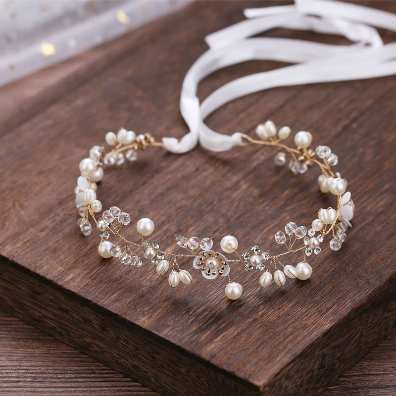 KAYZON Hair Accessories: Bridal Pearl Flower Headpiece Headband for Girls, Flower Girls, and Women (Gold) - Image 5