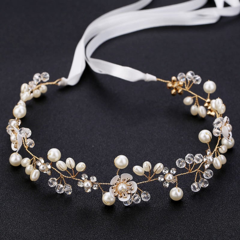KAYZON Hair Accessories: Bridal Pearl Flower Headpiece Headband for Girls, Flower Girls, and Women (Gold) - Image 1