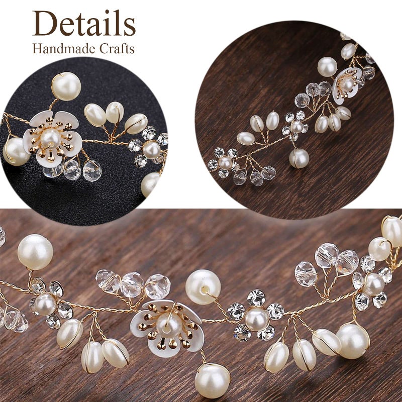 KAYZON Hair Accessories: Bridal Pearl Flower Headpiece Headband for Girls, Flower Girls, and Women (Gold) - Image 3