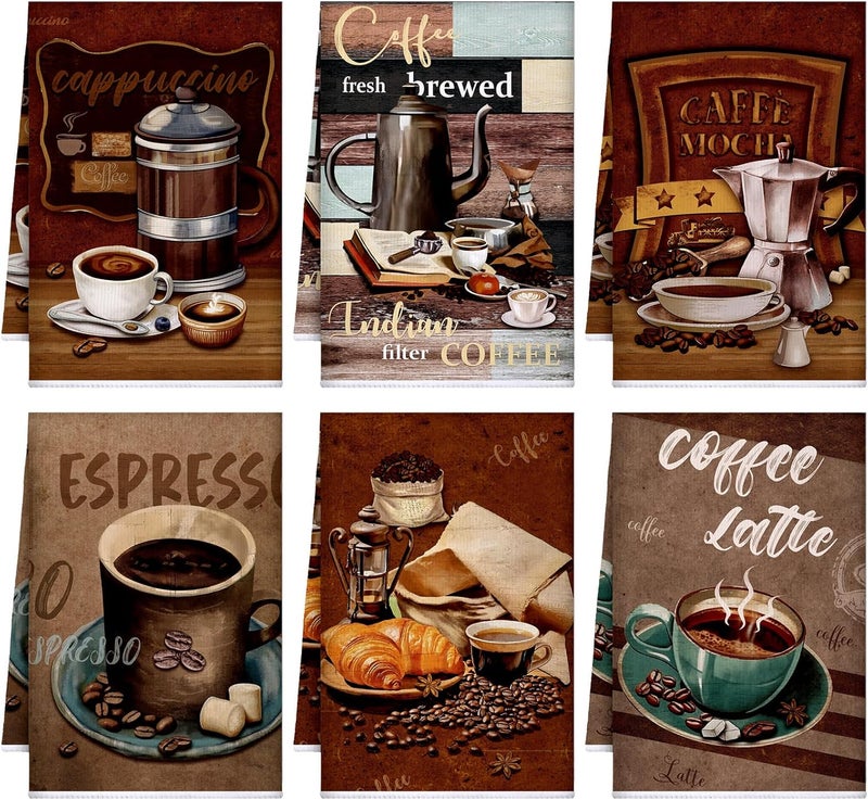 Boyiee Set of 6 Coffee Kitchen Towels Brown Dish Towels 24 x 16 Inches Absorbent Decorative Dish Cloths Retro Hand Accessories for Coffee Bar Decor Housewarming Gifts Wedding Shower Decoration - Image 1