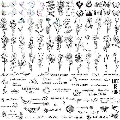 JEEFONNA 100 Sheets Realistic Temporary Tattoos, 240+ Pcs Multicolor Modern Floral & Inspirational Words Tattoos, Waterproof, 3+ Kids - Image 1