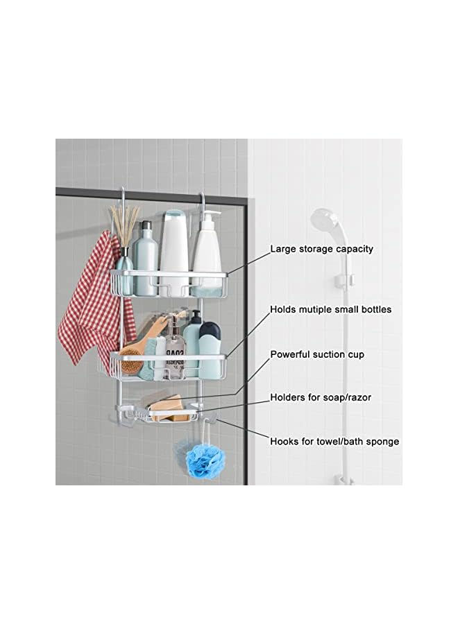 راكسوم علبة دش من الألومنيوم فوق باب الحمام - 3 منظمات دش سلة مع خطافين لتعليق الإسفنج وشفرة الحلاقة (فضي) - Image 5