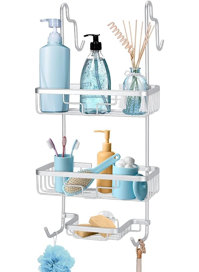 راكسوم علبة دش من الألومنيوم فوق باب الحمام - 3 منظمات دش سلة مع خطافين لتعليق الإسفنج وشفرة الحلاقة (فضي) - Image 1