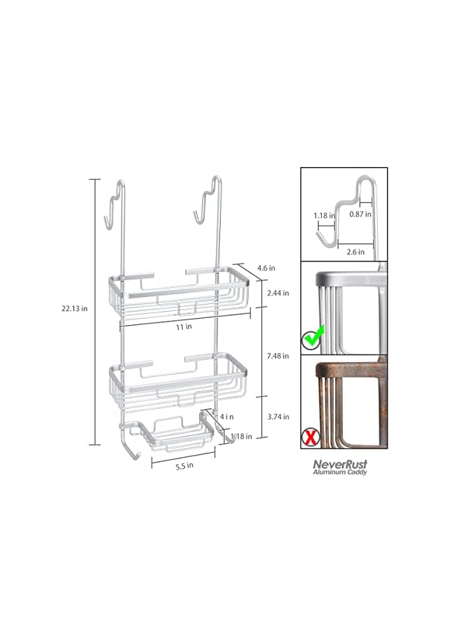 راكسوم علبة دش من الألومنيوم فوق باب الحمام - 3 منظمات دش سلة مع خطافين لتعليق الإسفنج وشفرة الحلاقة (فضي) - Image 3