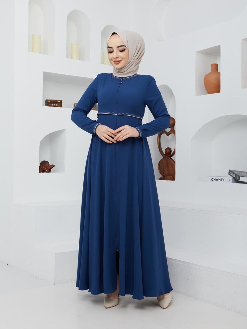 KMK Kombin KMK Combined Summer Mevlana Model Sleeve and Waist Patterned Flared Abaya Topcoat  - Image 5