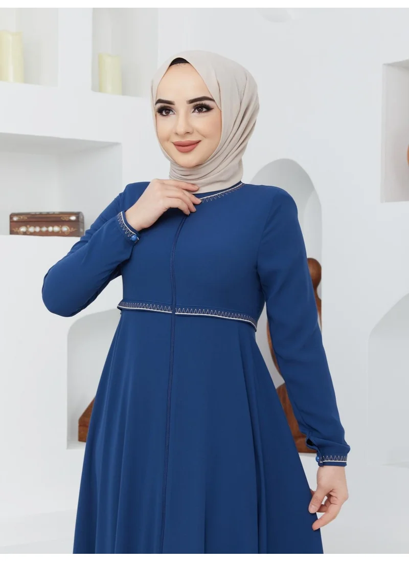 Kmk Kombin KMK Combined Summer Mevlana Model Sleeve and Waist Patterned Flared Abaya Topcoat