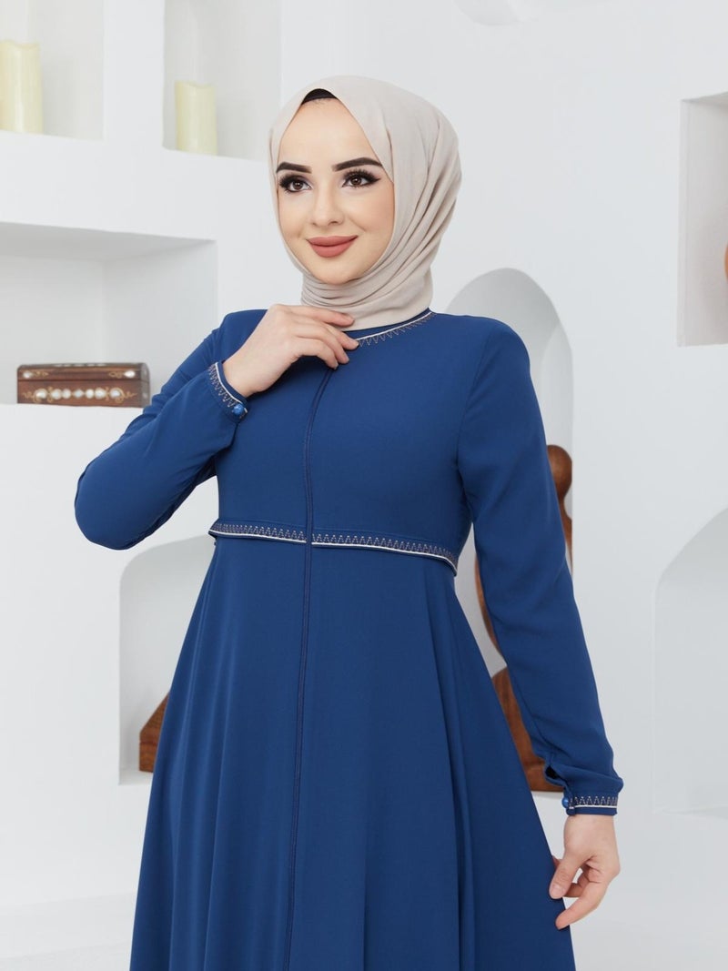 KMK Kombin KMK Combined Summer Mevlana Model Sleeve and Waist Patterned Flared Abaya Topcoat  - Image 2