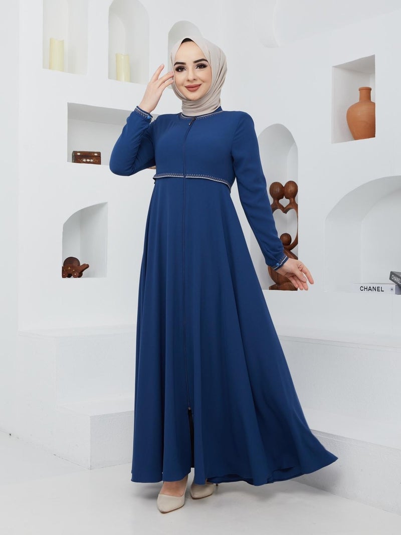 KMK Kombin KMK Combined Summer Mevlana Model Sleeve and Waist Patterned Flared Abaya Topcoat  - Image 3