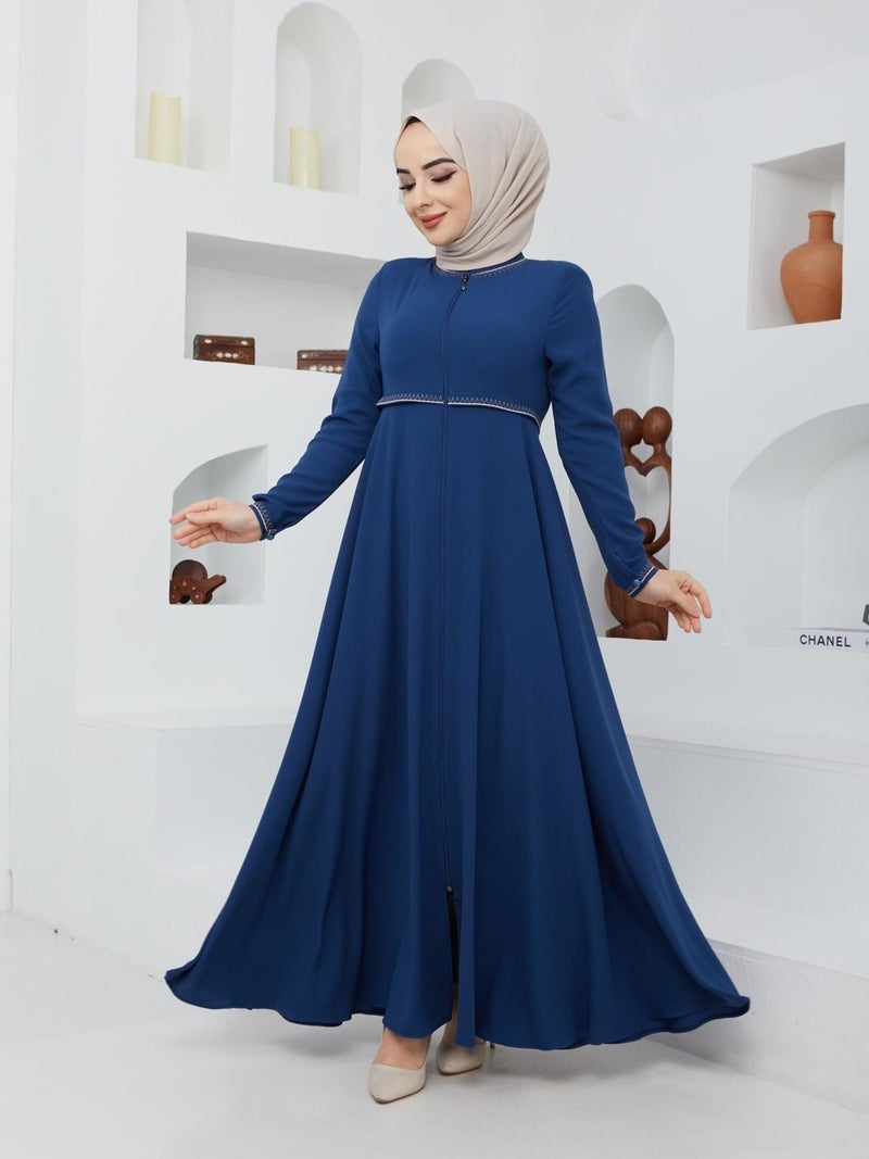 KMK Kombin KMK Combined Summer Mevlana Model Sleeve and Waist Patterned Flared Abaya Topcoat  - Image 1