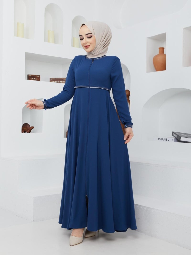 KMK Kombin KMK Combined Summer Mevlana Model Sleeve and Waist Patterned Flared Abaya Topcoat  - Image 4