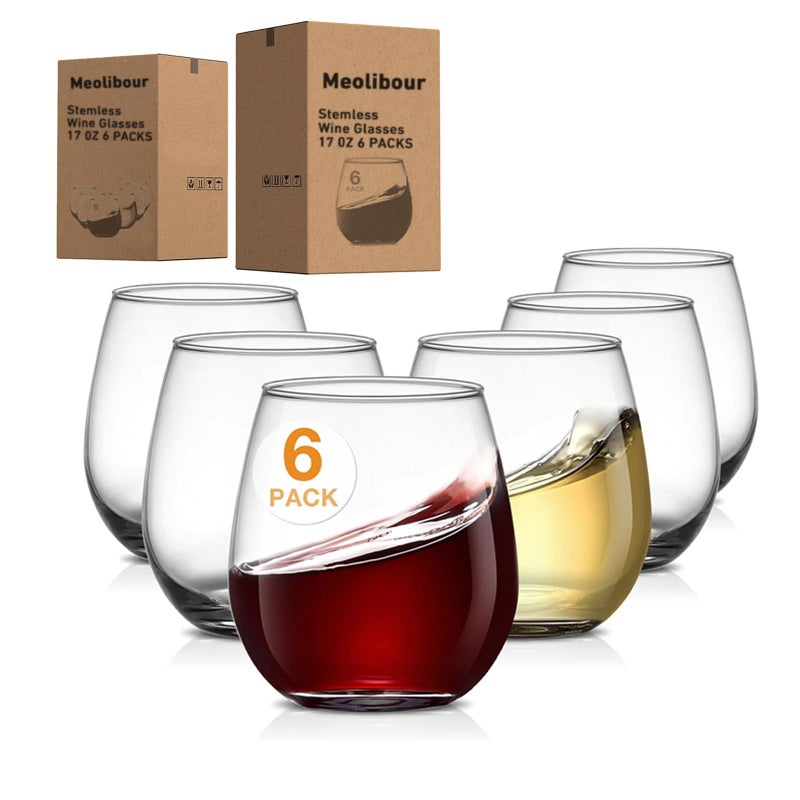 Meolibour Large Stemless Wine Glasses Set of 6 17 Ounces Red  White Wine Glasses Tumbler for Party Clear Drink Glasses Ideal Wine Accessories Gift Leadfree Dishwasher Safe