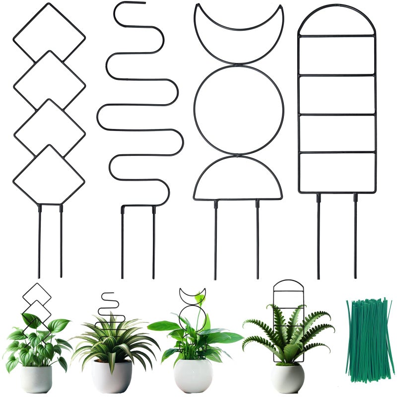 HENABLE 4 Packs 19 in Heighten Trellis for Climbing Plants Indoor, HENABLE Small Garden Metal Trellis for Potted Plants Outdoor for Vine Ivy Flower Plant Support, 4 Different Black Iron Patterns - Image 1