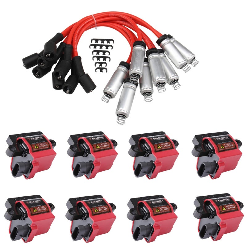 CarBole 8Pcs Ignition Coil Pack + 8Pcs 8mm Spark Plug Wire Fit For Cadillac Escalade, Chevy Silverado Avalanche Express 3500 Suburban Tahoe, GMC Sierra 4.8L 5.3L 6.0L 8.1L for UF271 D581 (Square Coil) - Image 1