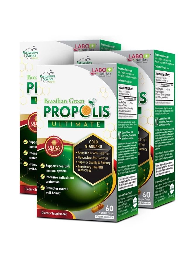 LABO Nutrition بروبوليس برازيلي أخضر نهائي - يحتوي على >7% أو 28 ملغ/حصة من أرتيبيلين سي و >5% فلافونويدات، لدعم المناعة والدماغ، طبيعي، عالي التركيز وممتاز، 60 كبسولة نباتيةx3 - Image 1
