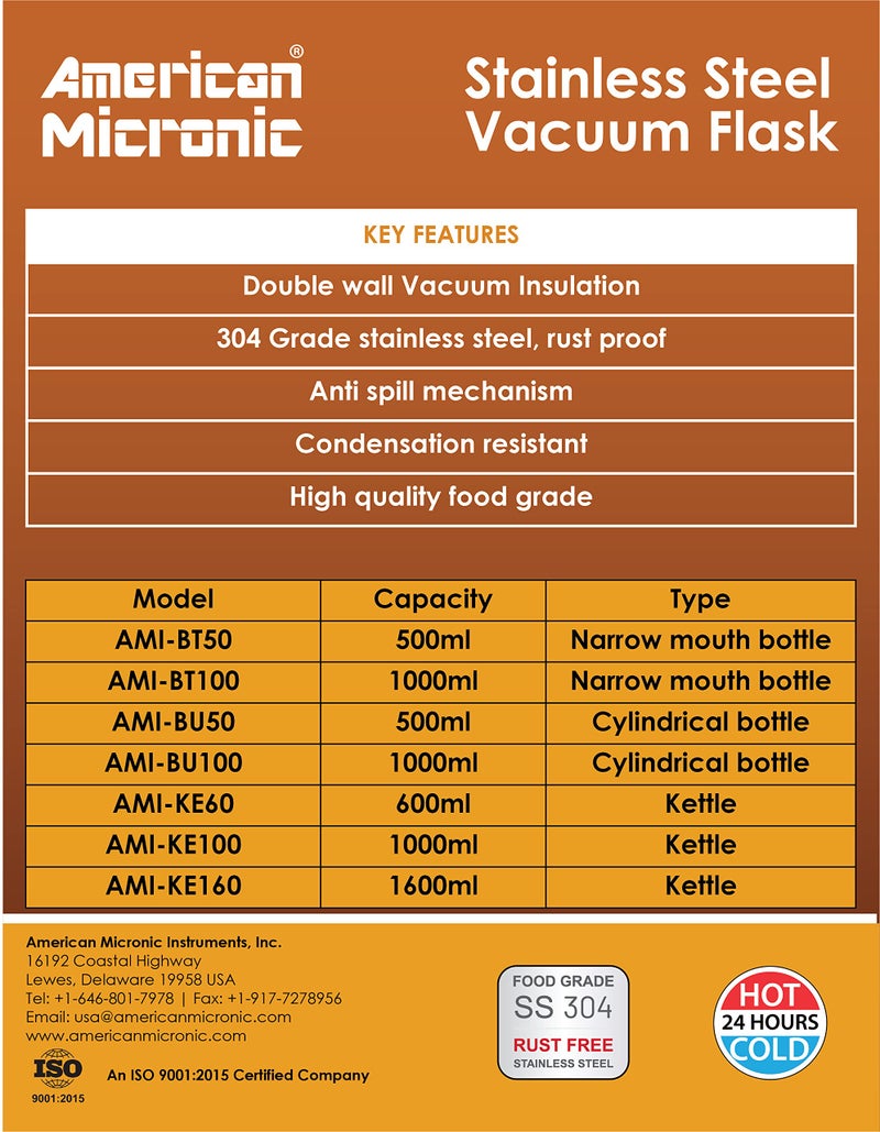 AMERICAN MICRONIC® Stainless Steel (304 Grade) Vacuum Insulated Flask Water & Beverage Carafe-AMI-KE100 - Image 3