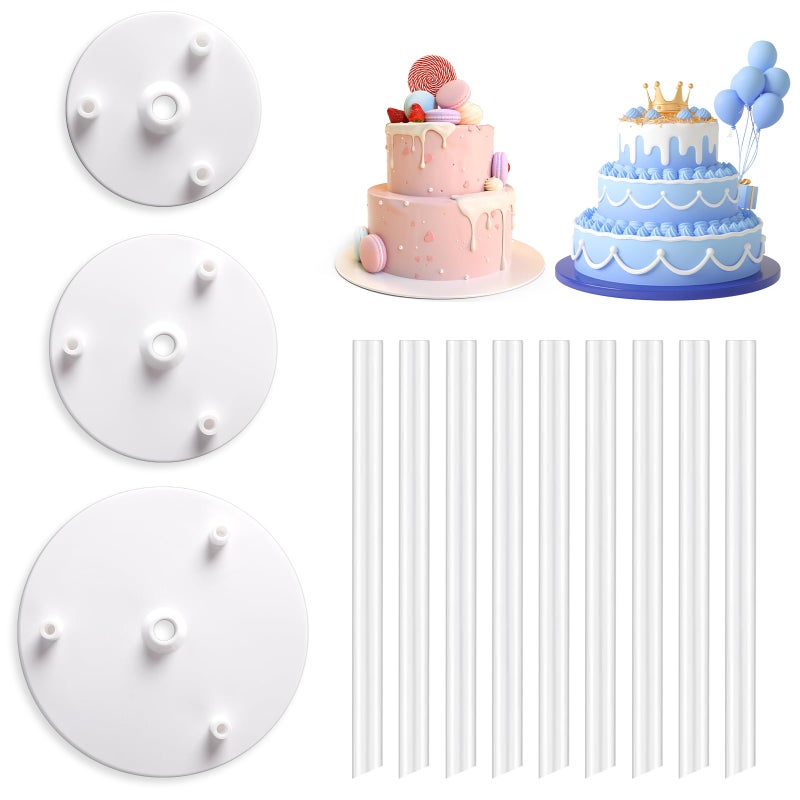 Vicloon Cake Dowel Rods Set 9 Pcs Plastic Cake Support Rods White Cake Stand Sticks with 3PCS Cake Boards Reusable Cake Stand Sticks for Tiered Cake Construction Supporting