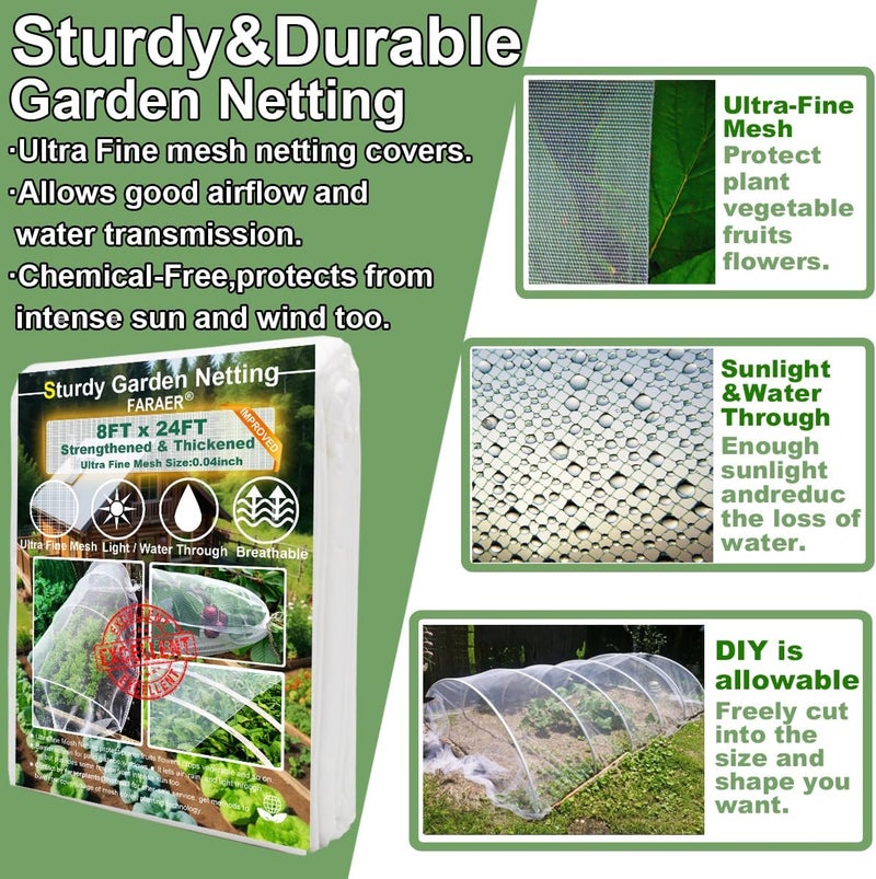 FARAER Garden Pest Barrier Netting, Insect Barrier Net 8x24Ft Ultra Fine Protect Netting Thickened Mesh Net Plant Covers for Vegetable Plants Fruits Greenhouse Row Cover Raised Bed Barrier Screen Bugs Out - Image 3