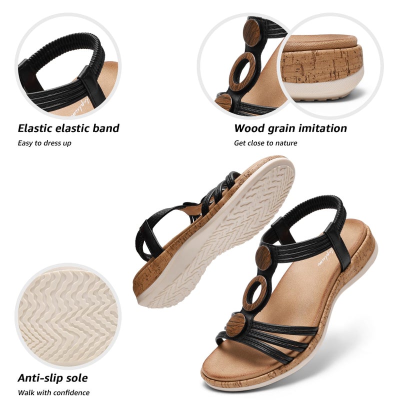 Littleplum Women Flats Sandals Arch Support Open-Toe Casual Summer Low Wedge Shoes for Daily Beach Walking Dressy Comfy Sandals Fashion Black Size 9 - Image 4