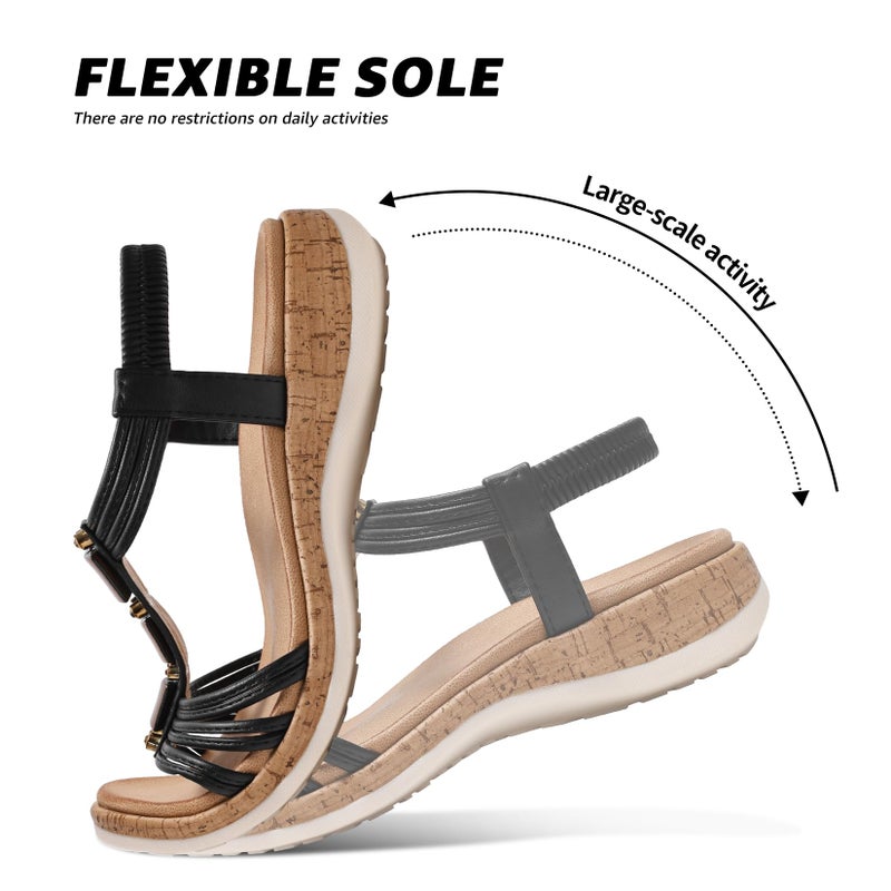 Littleplum Women Flats Sandals Arch Support Open-Toe Casual Summer Low Wedge Shoes for Daily Beach Walking Dressy Comfy Sandals Fashion Black Size 9 - Image 5