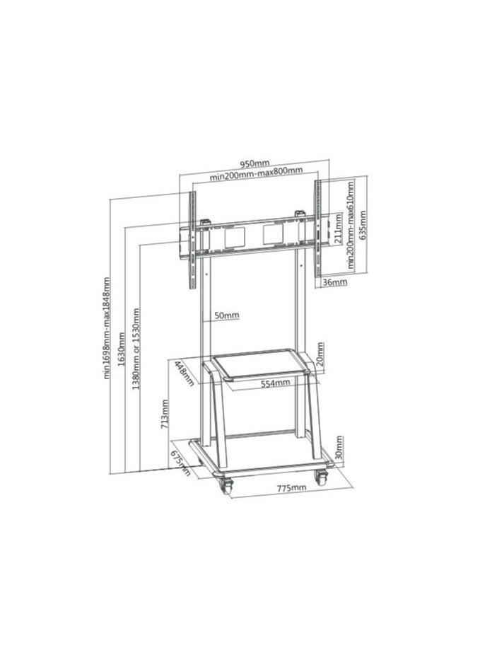 نيوستار عربة تلفاز متنقلة فائقة التحمل، تناسب شاشات LED/LCD المنحنية من 37 إلى 100 بوصة، حامل بعجلات مع رف، تحمل حتى 150 كجم، VESA حتى 800×600 مم، الموديل 91-T1035M - Image 2