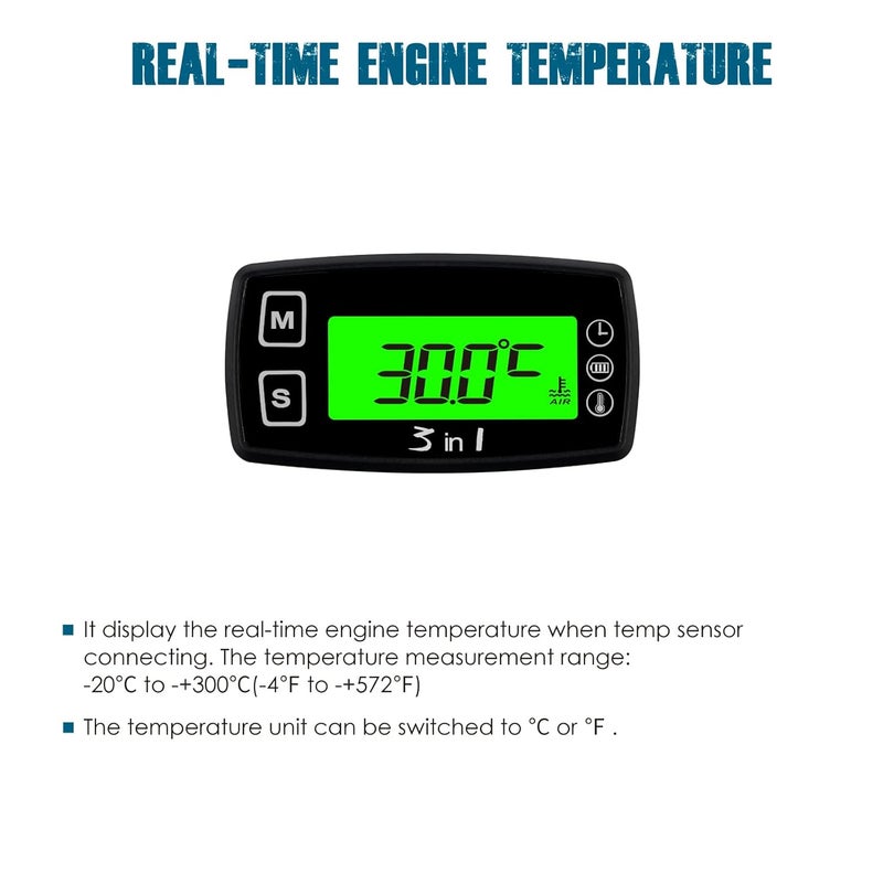 Runleader Digital Engine Temperature Gauge Volt Meter,Programmable Alert Reminder,Clock Display,Backlight Mode Selection for Generator Motorcycle Dirtbike ATV Outboard Motor Marine Snowmobile - Image 2