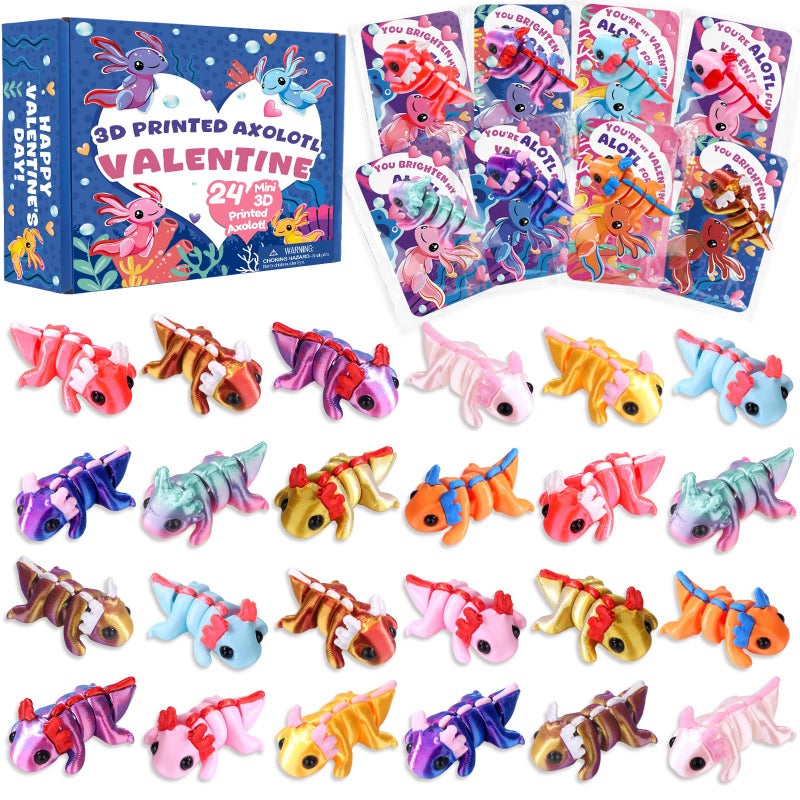 Teeanzo Valentines Day Gifts Cards for Kids 24 Pack 3D Printed Animals Axolotl Figurines Set with Valentine Greeting Cards for Boys Girls Toddle School Classroom Exchange Party Favors Prizes - Image 3