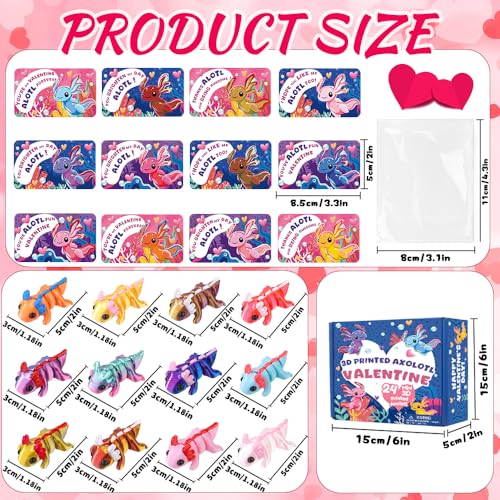 Teeanzo Valentines Day Gifts Cards for Kids 24 Pack 3D Printed Animals Axolotl Figurines Set with Valentine Greeting Cards for Boys Girls Toddle School Classroom Exchange Party Favors Prizes - Image 5