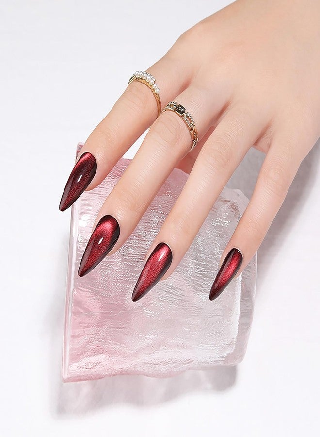 KKUUOO Dark Red Press on Nails Long Stiletto Handmade False Nails with Gradient & Velvet Design Reusable Acrylic Nails Full Cover Glossy Stick on Nails for Women Girls 24 Pieces - Image 5