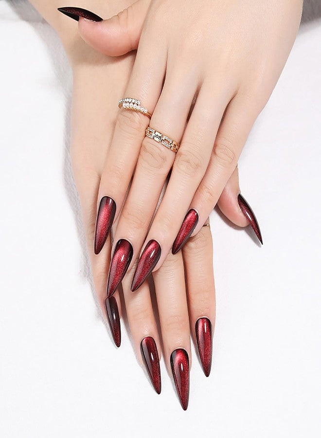 KKUUOO Dark Red Press on Nails Long Stiletto Handmade False Nails with Gradient & Velvet Design Reusable Acrylic Nails Full Cover Glossy Stick on Nails for Women Girls 24 Pieces - Image 1